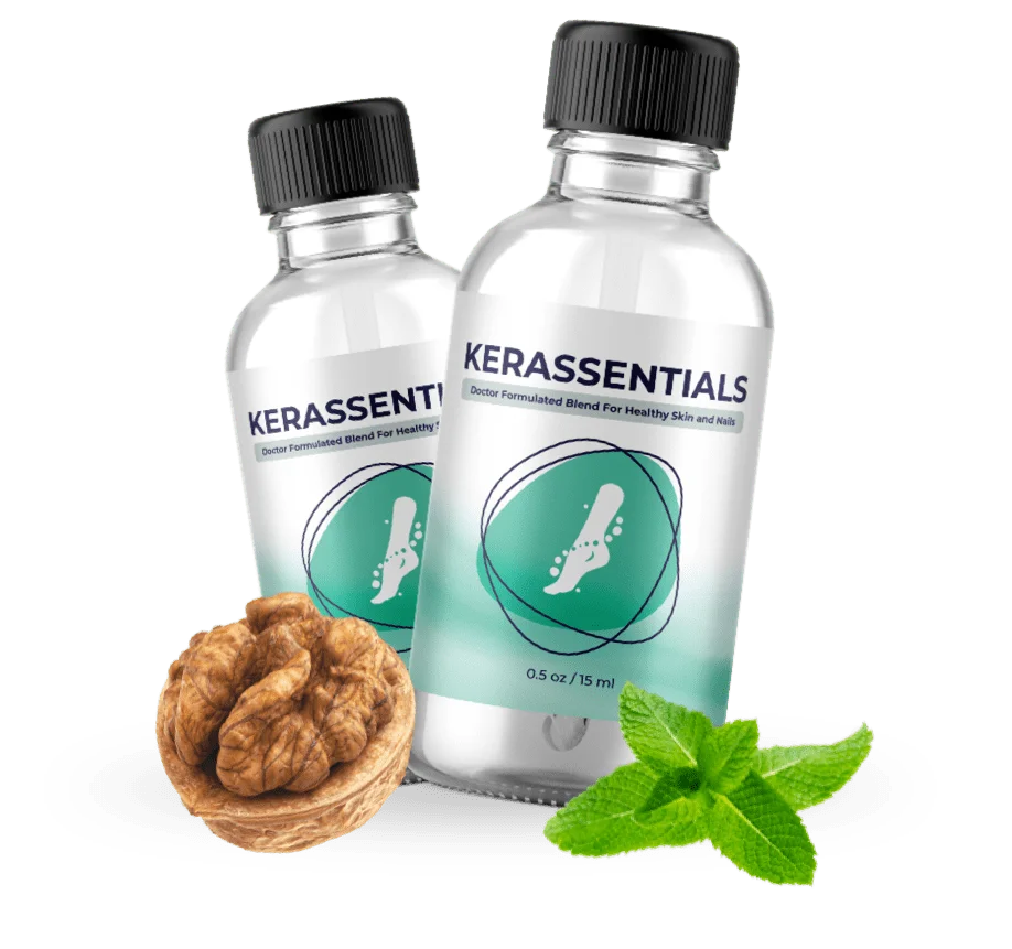 Two bottles of Kerassentials essential oil, highlighting the natural ingredients for nail and skin health.