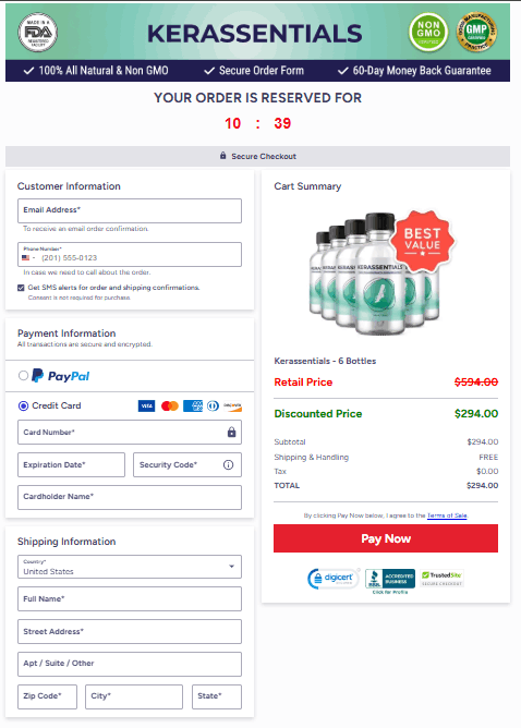 Secure checkout page example with payment options for Kerassentials purchase.
