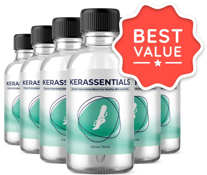 Kerassentials bottle with discounted price information, prompting users to buy now.