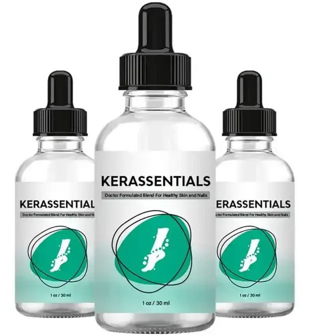 Kerassentials nail and skin health supplement bottle with dropper, showcasing its natural botanical formulation.