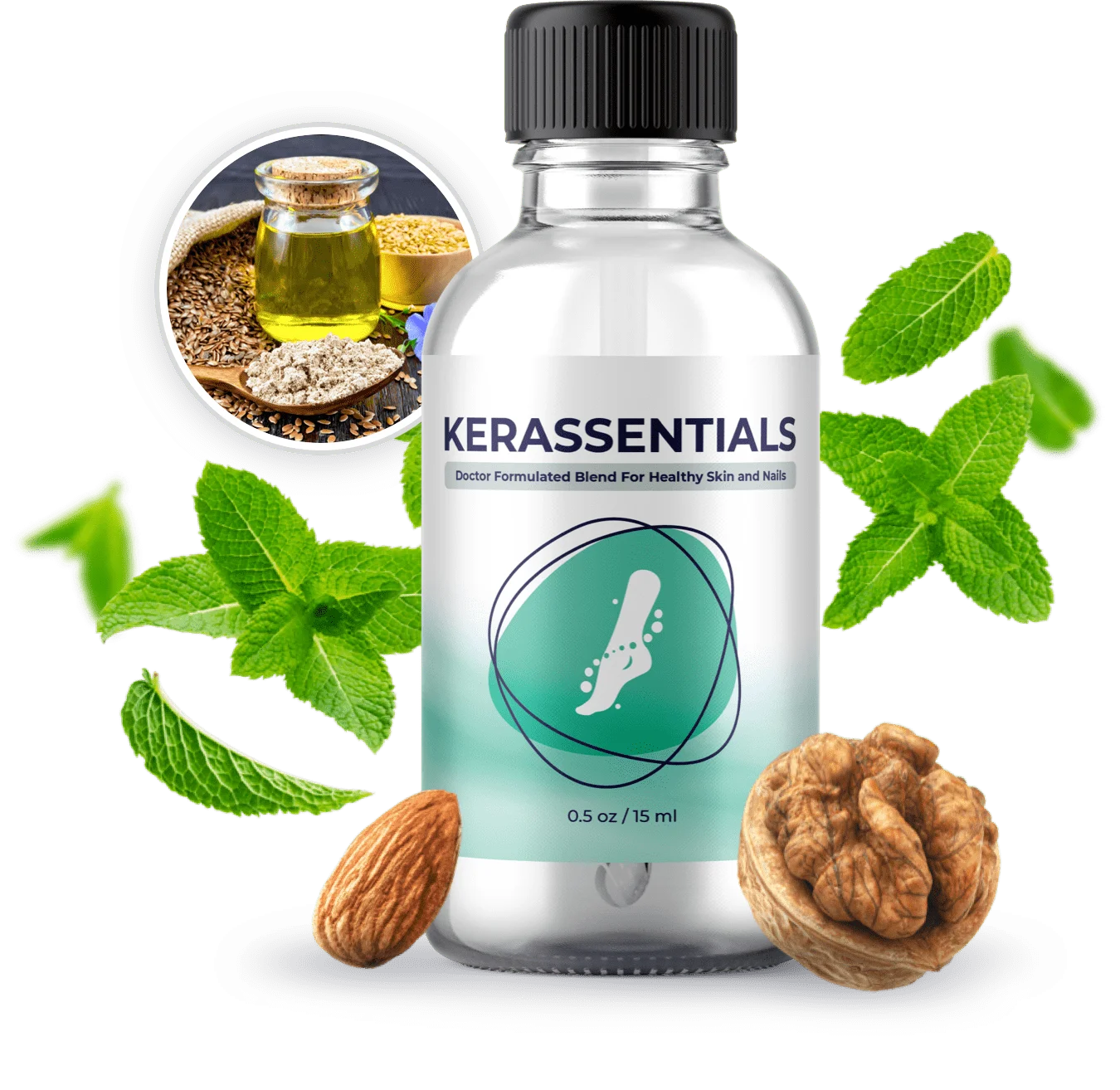 Kerassentials bottle, a natural solution for healthy nails and skin, combating fungus and providing hydration.